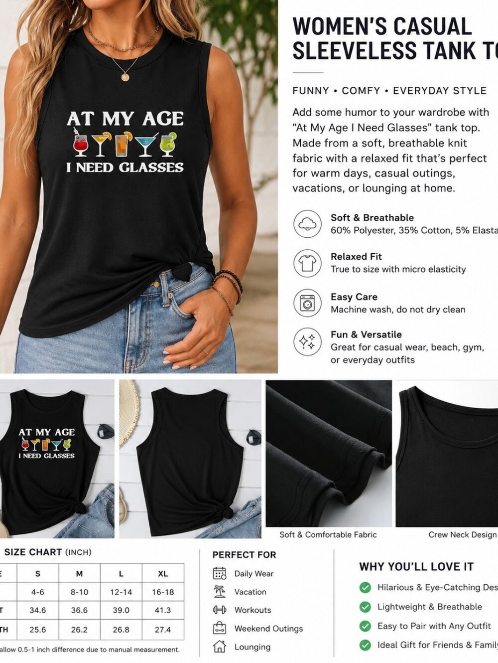 At My Age I Need Glasses Graphic Tank Top Funny Drinking Humor Sleeveless - Picture 2 of 5